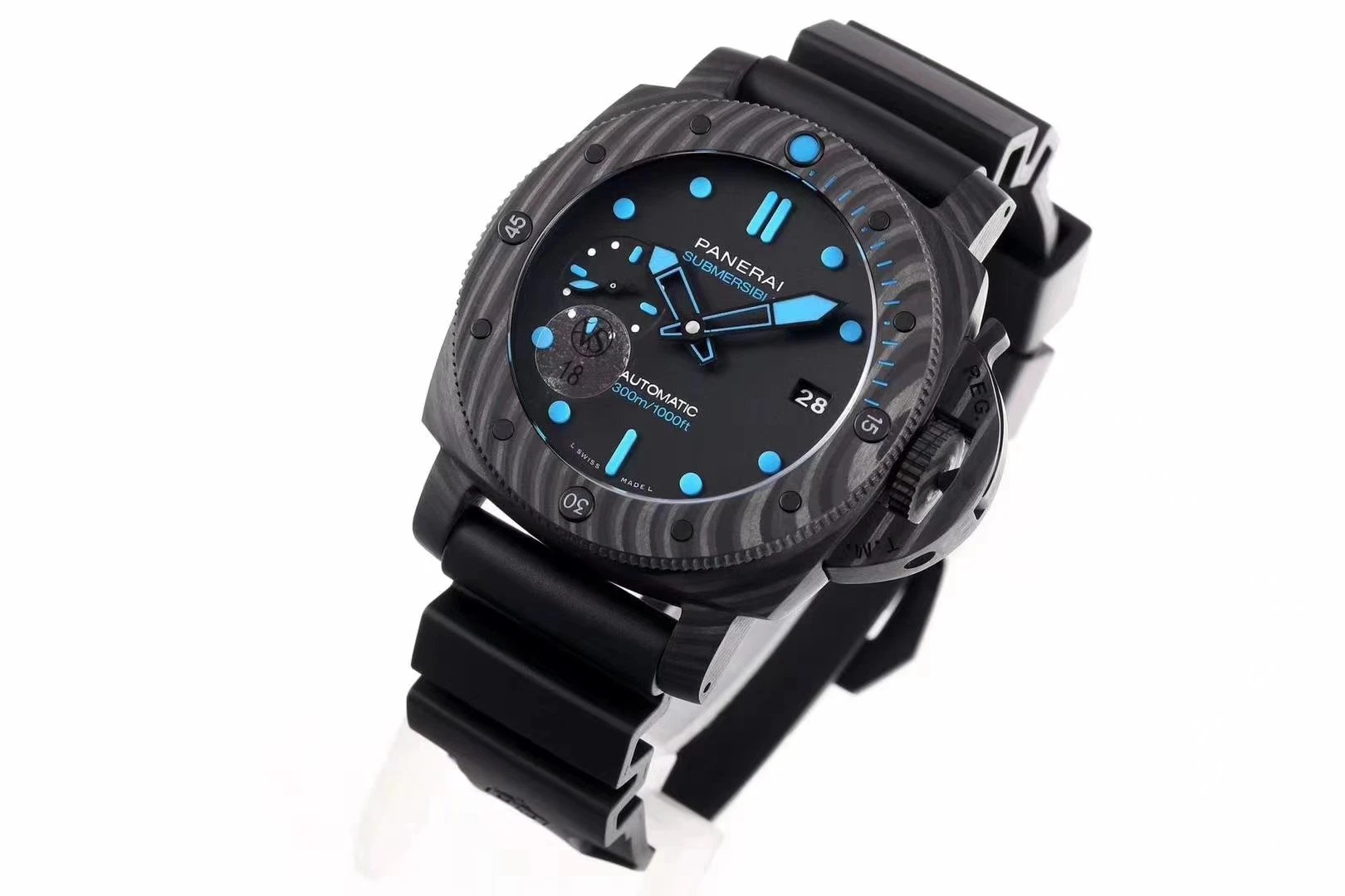 Luminor Submersible 42 3 Days Automatic. 'Carbotech' Forged Carbon Case and Bezel, Black Dial and black band (42mm)