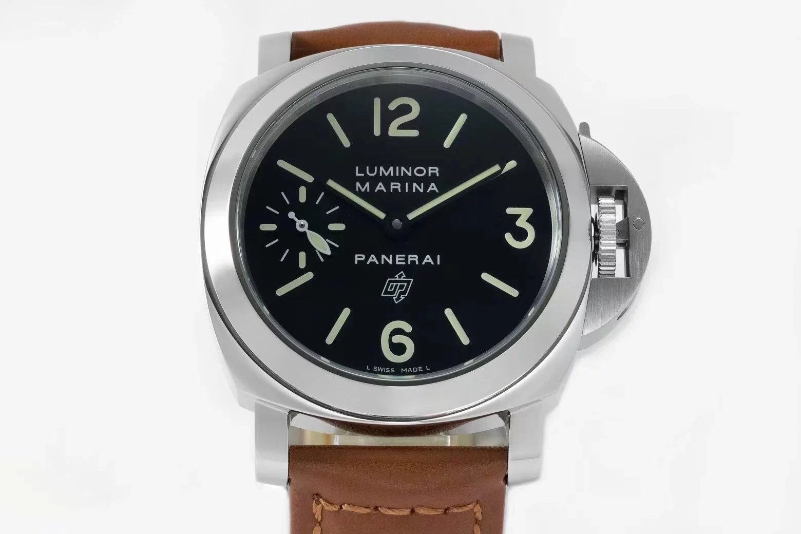 Luminor Marina Logo Stainless Steel with Black Dial and Brown Leather Strap (44mm)