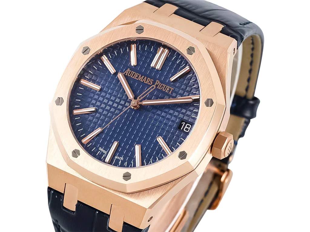 Royal Oak Pink Gold '50th Anniversary' with Blue Dial and Leather Strap (41mm)