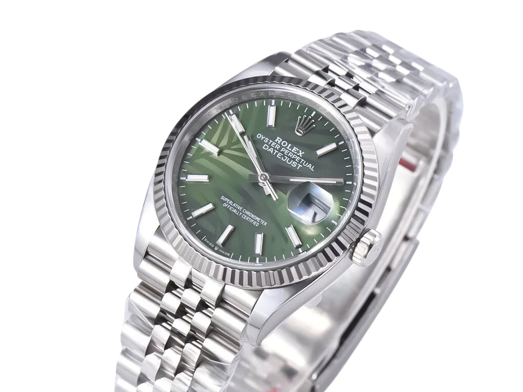 Datejust 36 Stainless Steel on Jubilee with Palm Motif Green Dial and Fluted Bezel