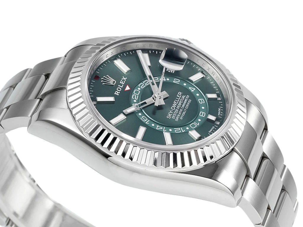 Sky-Dweller Stainless Steel on Oyster with Green Dial and Fluted Bezel