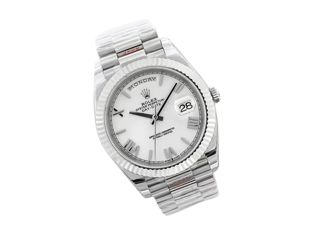 Day-Date 40 White Gold 'President' with White Dial (Roman Numerals) and Fluted Bezel
