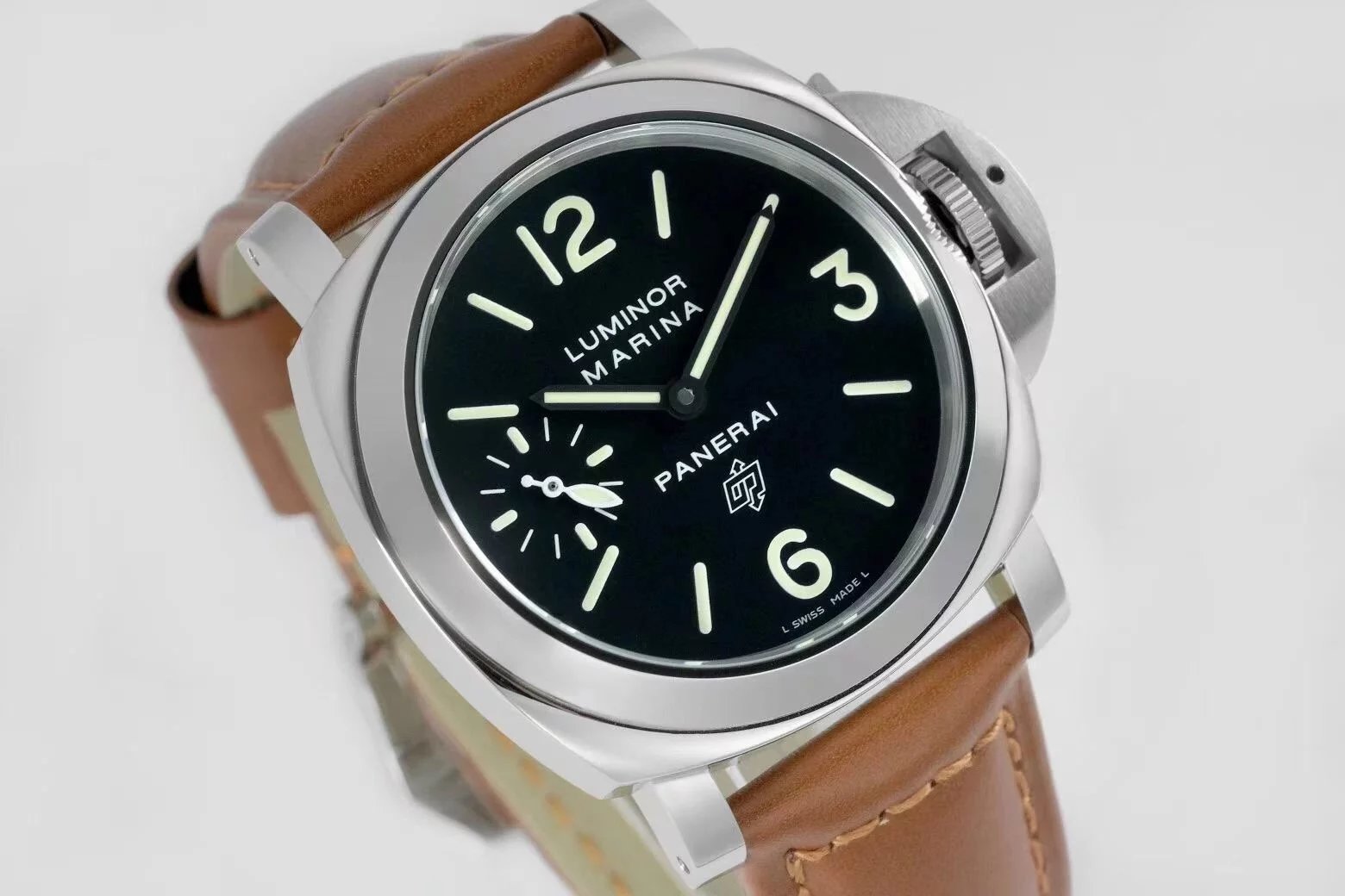 Luminor Marina Logo Stainless Steel with Black Dial and Brown Leather Strap (44mm)