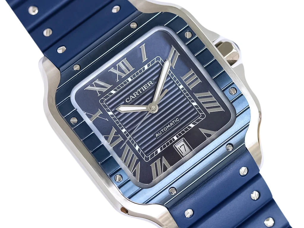 Santos Large Stainless Steel with Blue Dial and Blue Bezel (Rubber Strap) (40mm)
