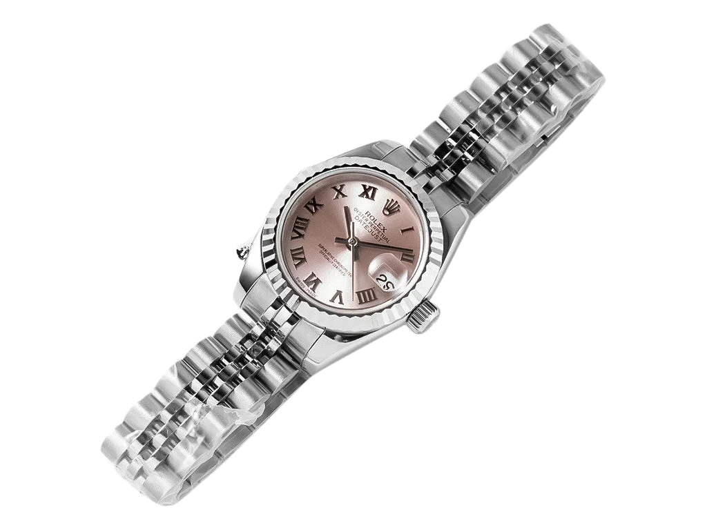 Lady-Datejust 28 Stainless Steel on Jubilee with Pink Dial (Roman Numerals) and Fluted Bezel