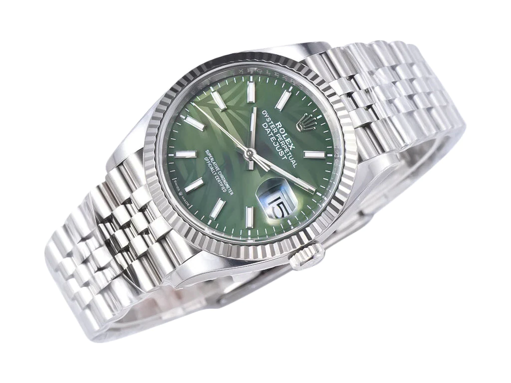 Datejust 36 Stainless Steel on Jubilee with Palm Motif Green Dial and Fluted Bezel