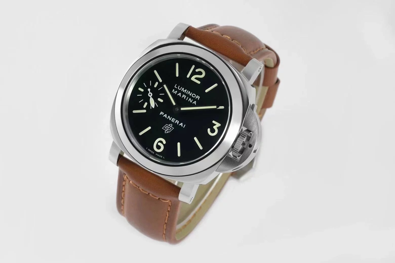 Luminor Marina Logo Stainless Steel with Black Dial and Brown Leather Strap (44mm)