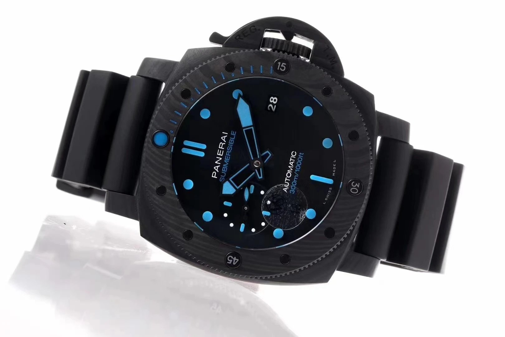 Luminor Submersible 42 3 Days Automatic. 'Carbotech' Forged Carbon Case and Bezel, Black Dial and black band (42mm)