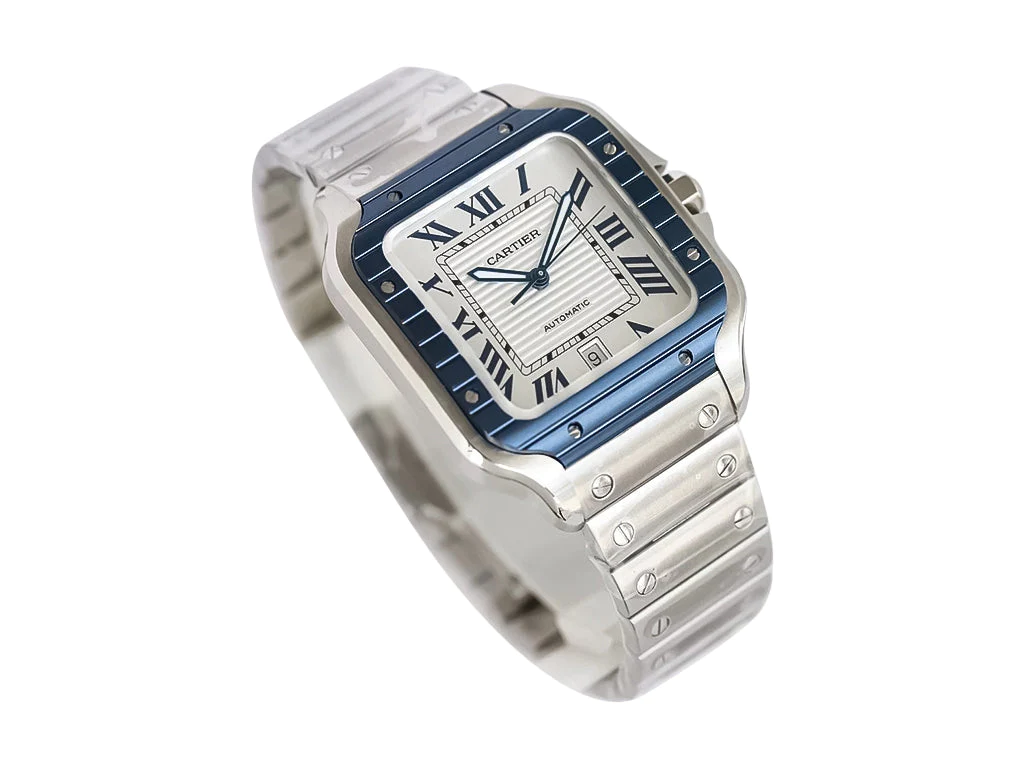 Santos Large Stainless Steel with White Dial and Blue Bezel (40mm)