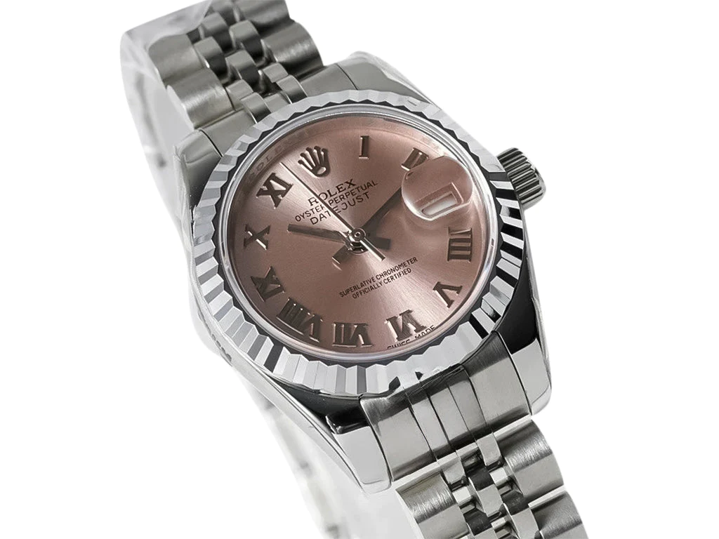 Lady-Datejust 28 Stainless Steel on Jubilee with Pink Dial (Roman Numerals) and Fluted Bezel