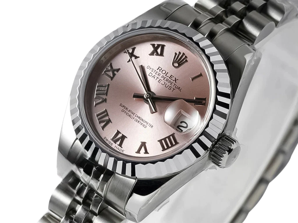 Lady-Datejust 28 Stainless Steel on Jubilee with Pink Dial (Roman Numerals) and Fluted Bezel