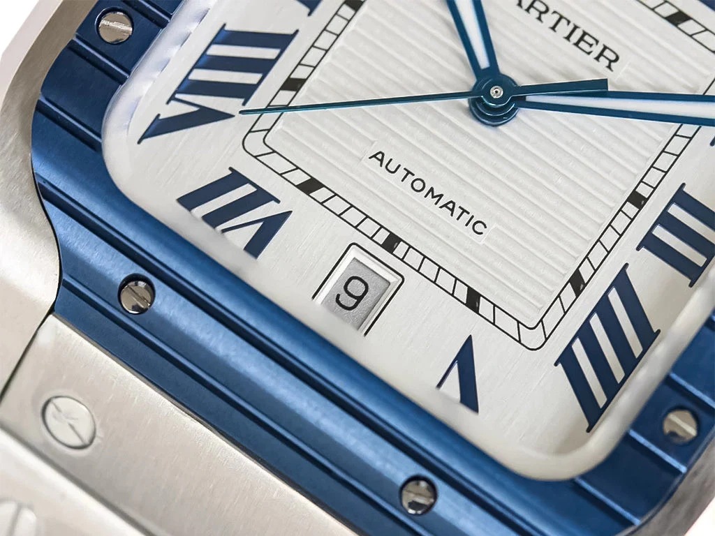 Santos Large Stainless Steel with White Dial and Blue Bezel (40mm)