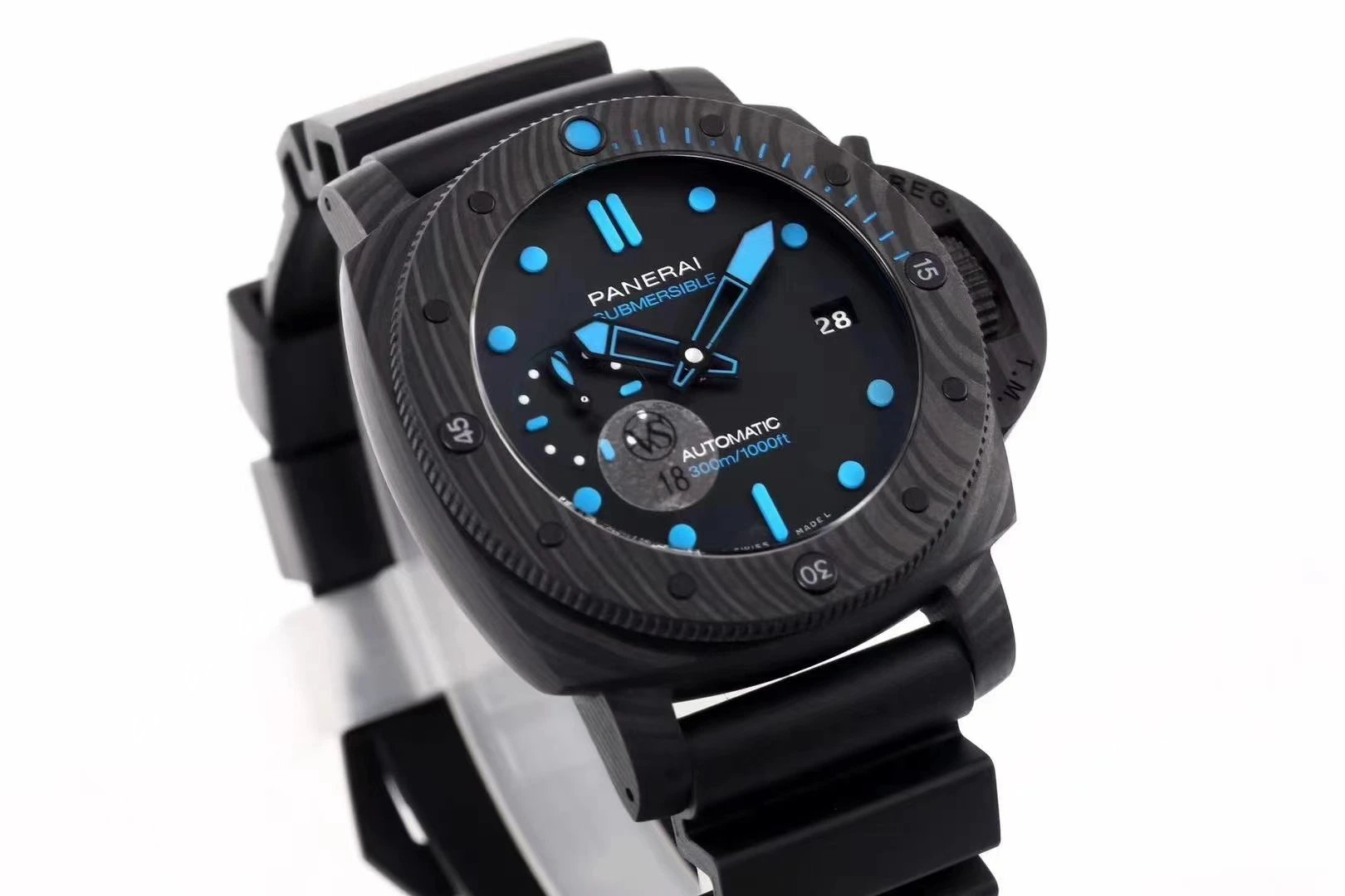 Luminor Submersible 42 3 Days Automatic. 'Carbotech' Forged Carbon Case and Bezel, Black Dial and black band (42mm)