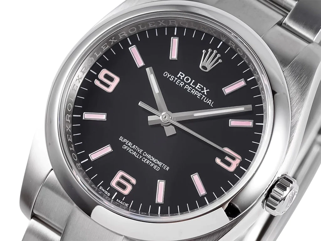 Oyster Perpetual 36 Stainless Steel with Black Dial and Pink Indices (Arabic numerals)