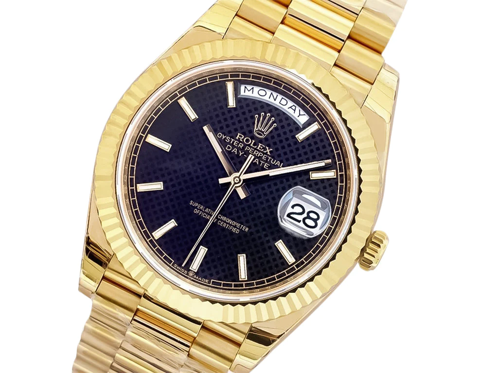 Day-Date 40 Yellow Gold 'President' with Black Motif Dial and Fluted Bezel