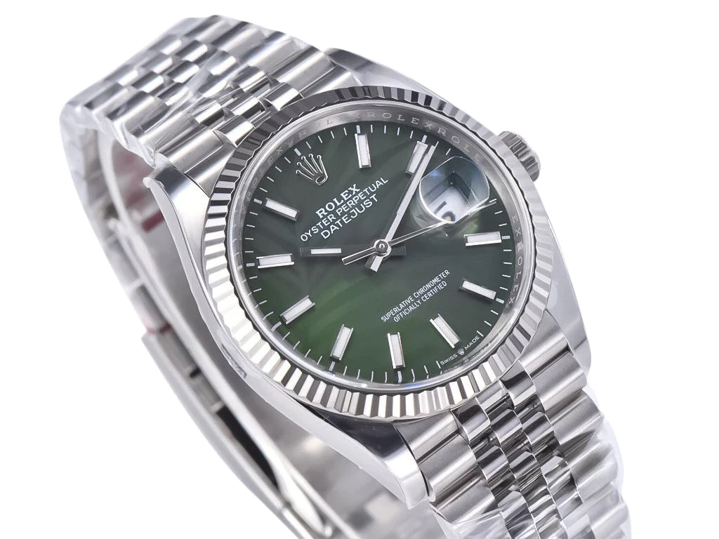 Datejust 36 Stainless Steel on Jubilee with Palm Motif Green Dial and Fluted Bezel
