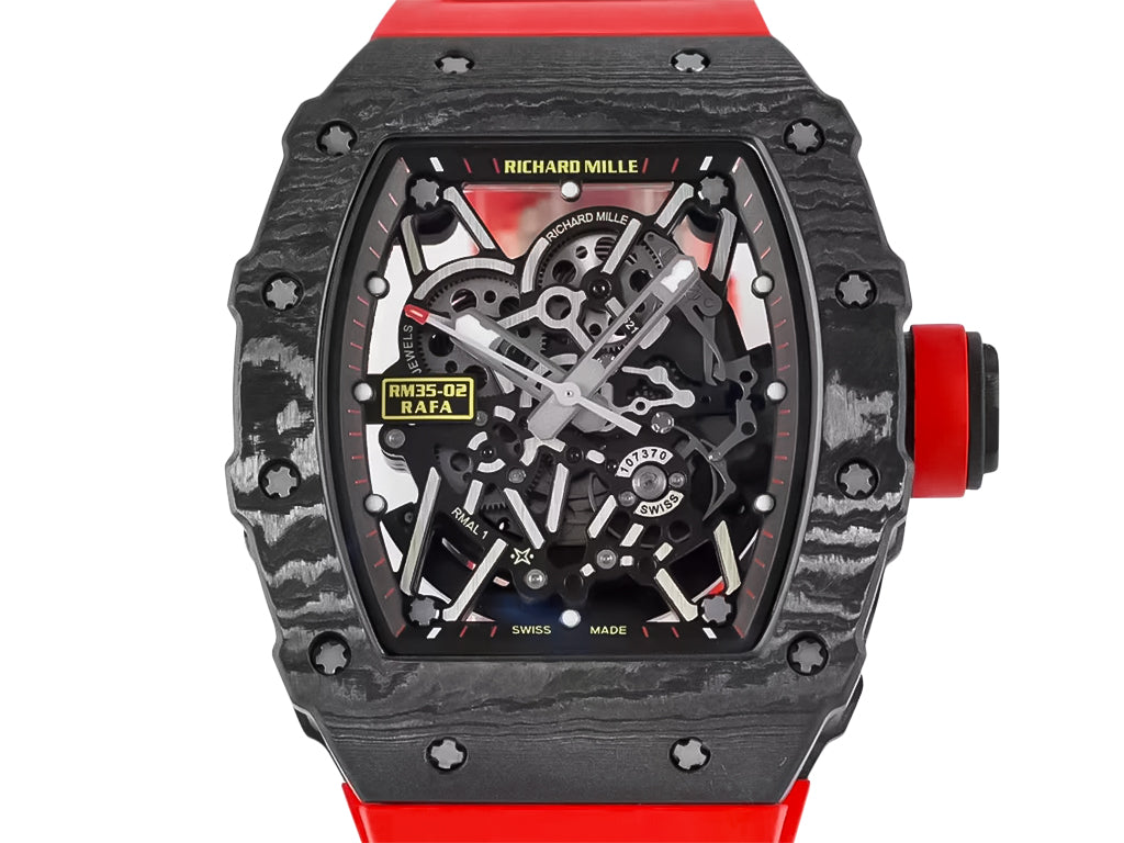 RM 35-02 Rafa Black Bezel Red Markers Red Rubber Strap (49mm)