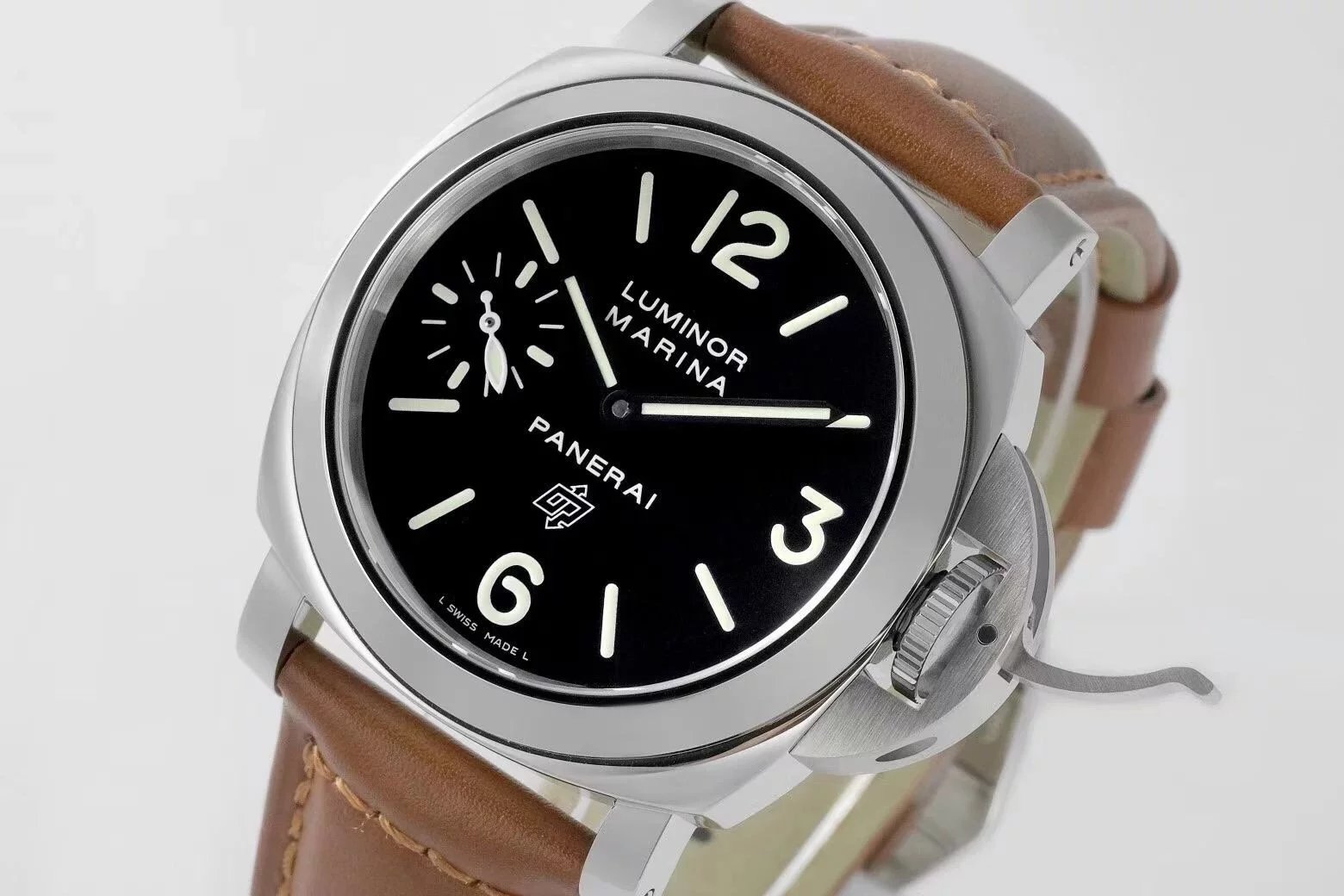 Luminor Marina Logo Stainless Steel with Black Dial and Brown Leather Strap (44mm)