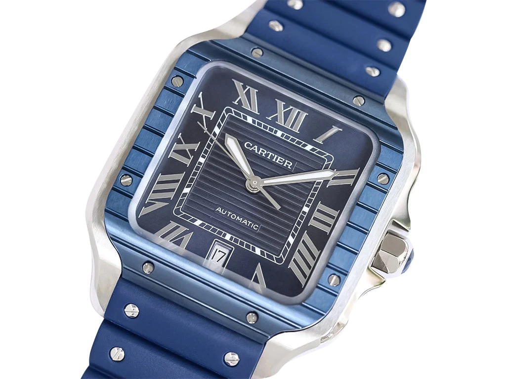 Santos Large Stainless Steel with Blue Dial and Blue Bezel (Rubber Strap) (40mm)