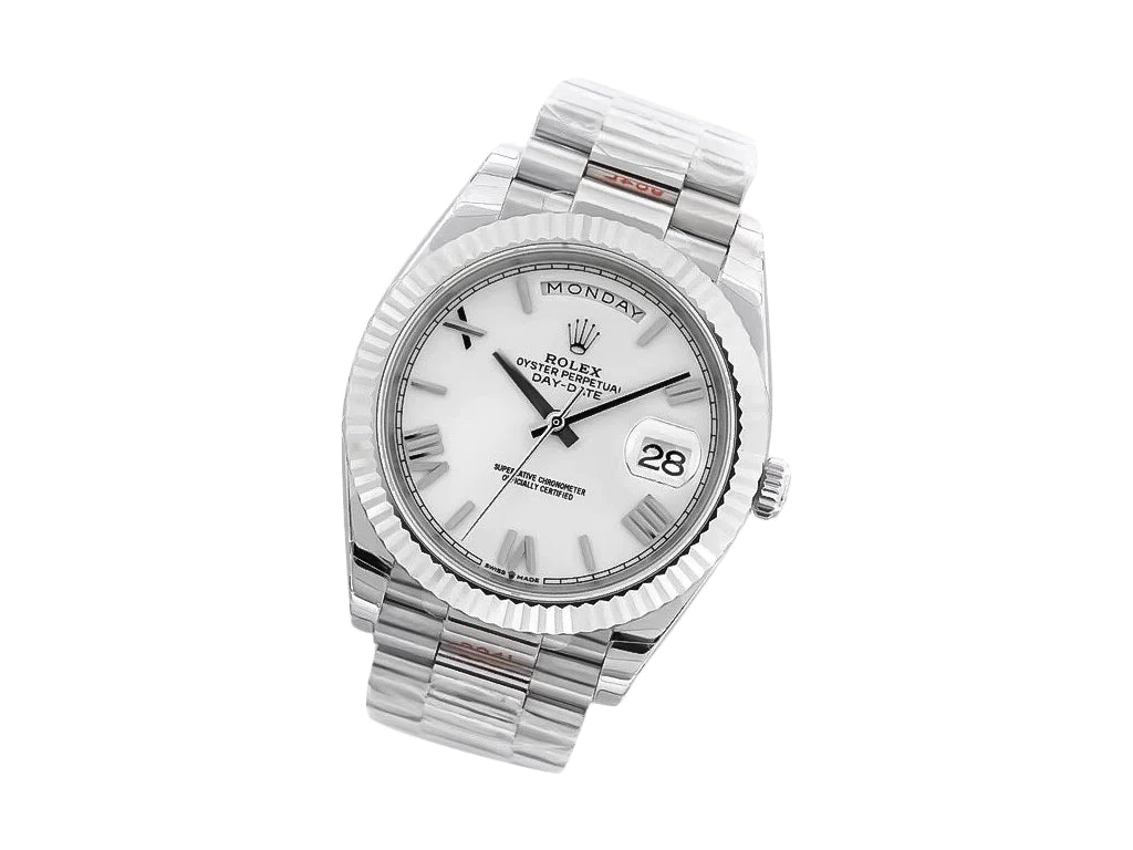 Day-Date 40 White Gold 'President' with White Dial (Roman Numerals) and Fluted Bezel