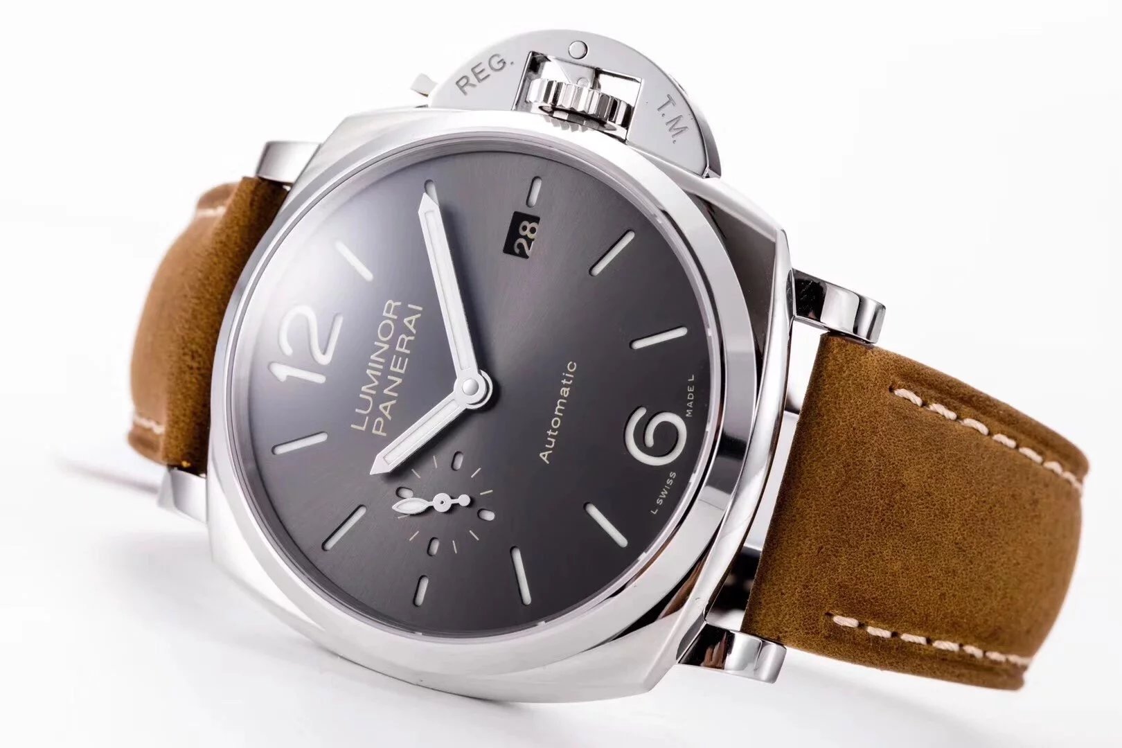 Luminor Due 42 3 Days Date Stainless Steel Case with Grey Sunburst Dial and brown strap (38mm)