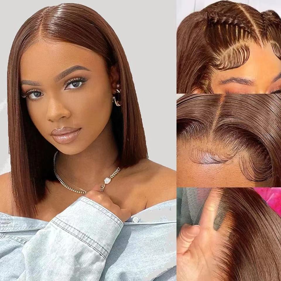 BL 13x4 Straight Lace Bob Wig 4x4 Human Hair Wigs Brazilian Color #4 Remy Bone Straight Short Bob Wig For Women 14 Inch