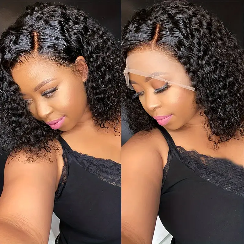 BL 180% Density Deep Wave Curly Short Bob Wig - 13x4 Transparent Brazilian Lace Frontal Wig Closure, Glueless Pre-Plucked Water Wave  Sports Style for African Women