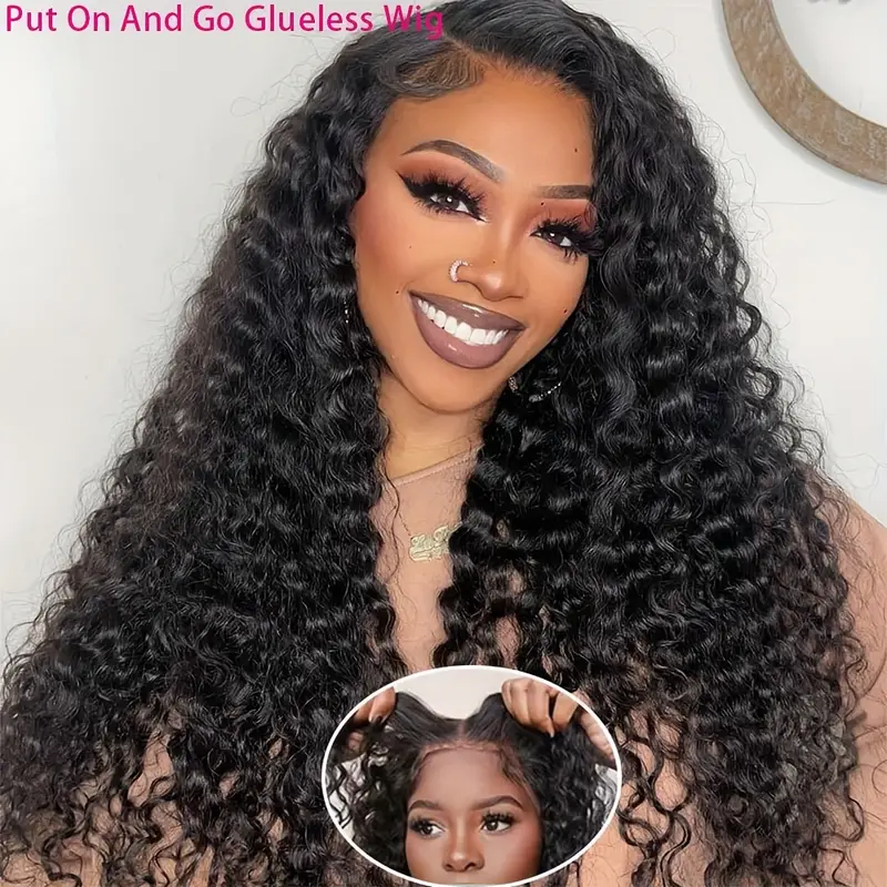 BL Deep Curly Human Hair Wigs Glueless Pre Cut Lace Human Hair Wigs 13x4 Lace Frontal Wigs 100% Real Glueless Wigs Friendly For Beginners Pre Cut Deep Wave Lace Front Wigs 250% Density No Glue Wigs