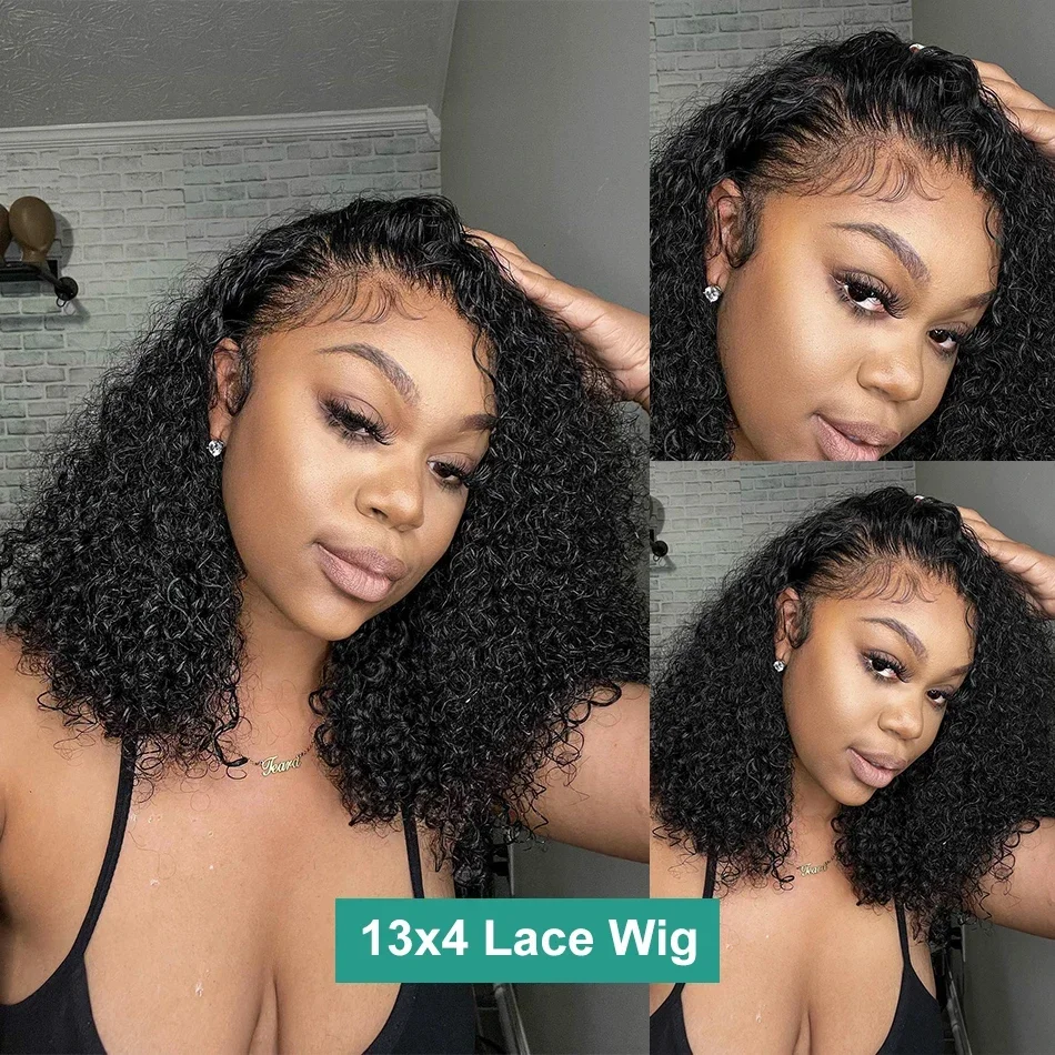 BL PrePlucked 13x4 Curly Human Hair Wig Bob Style with Lace Front Wig Remy Lace Front Human Hair Wigs 200% Density Natural BL ack