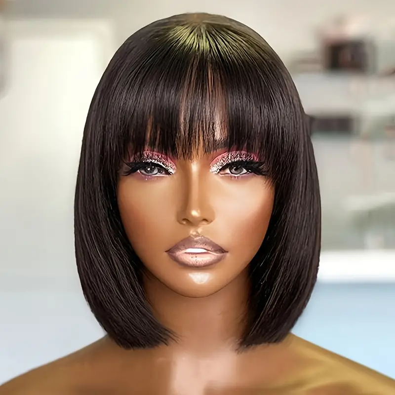 BL Straight Short Bob Wig With Bangs 100% Human Hair Full Machine Made Bob Wigs Glueless Straight Wigs For Women