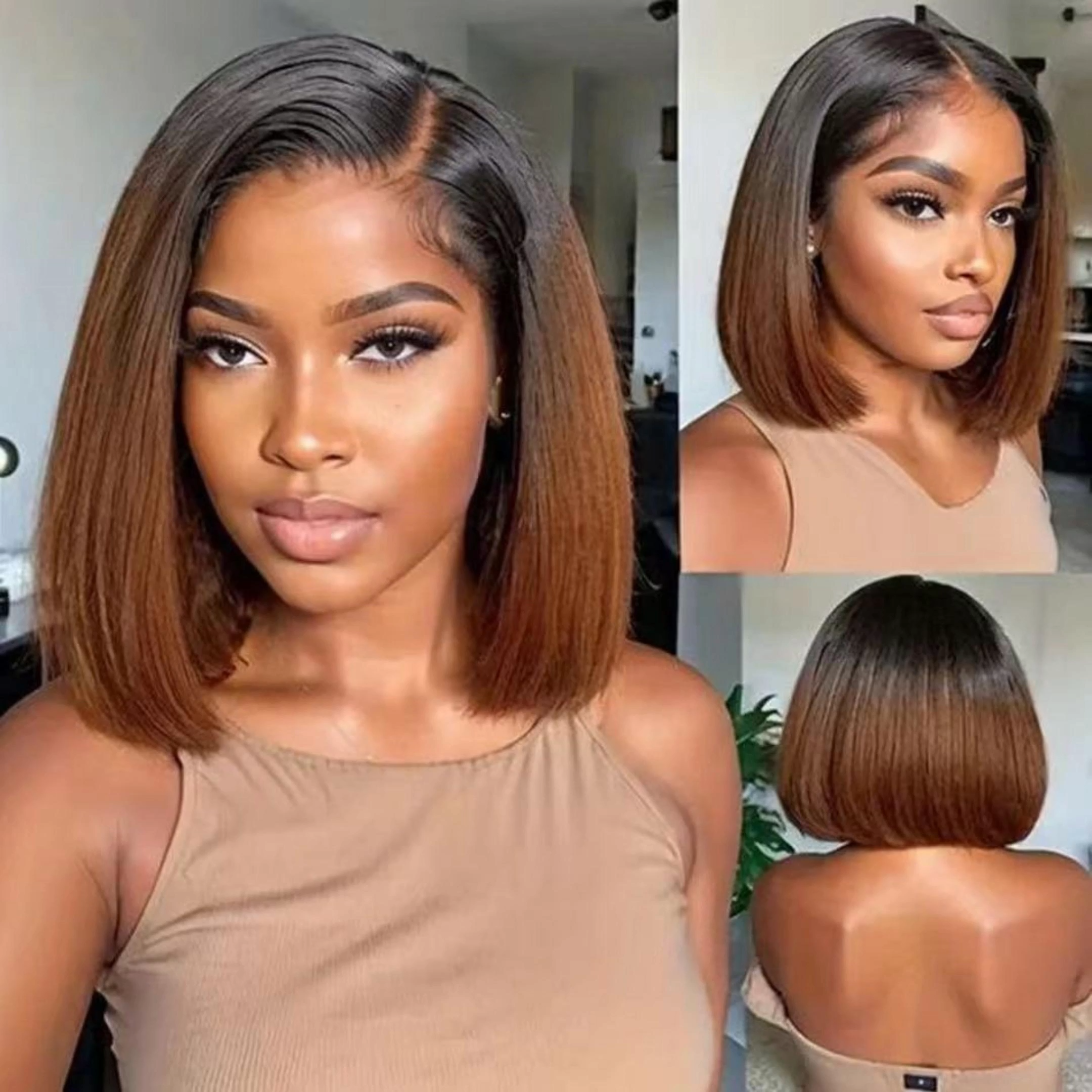 BL 13x4 Straight Lace Bob Wig 4x4 Human Hair Wigs Brazilian Color #4 Remy Bone Straight Short Bob Wig For Women 14 Inch