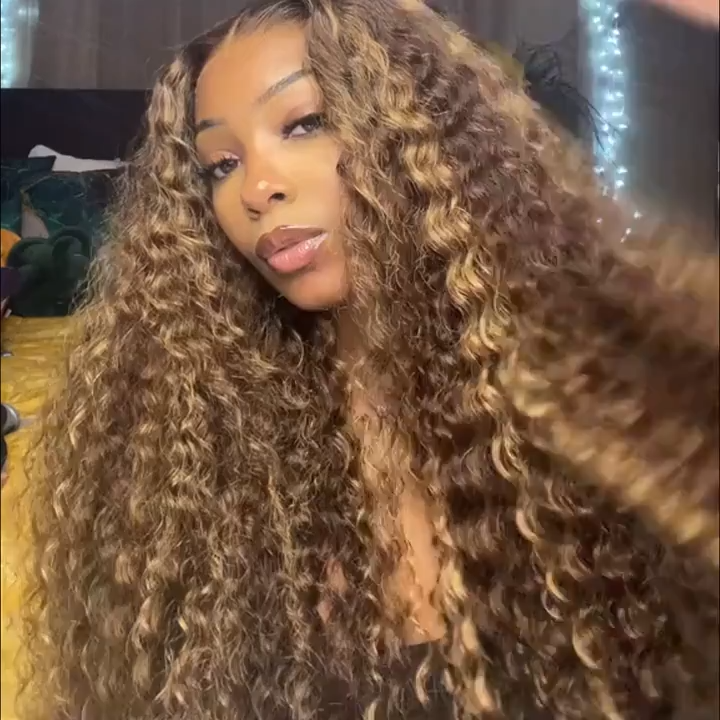 BL Curly Highlight Human Hair Wig Ombre Brown P4/27 Deep Wave Lace Front Human Hair Wigs For Women 13x4 Lace Frontal Wigs Pre Plucked Closure Wig 28 30 32 Inch Water Wave 180%