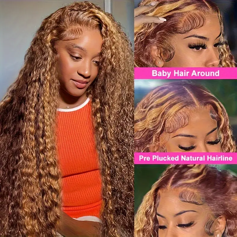BL Curly Highlight Human Hair Wig Ombre Brown P4/27 Deep Wave Lace Front Human Hair Wigs For Women 13x4 Lace Frontal Wigs Pre Plucked Closure Wig 28 30 32 Inch Water Wave 180%