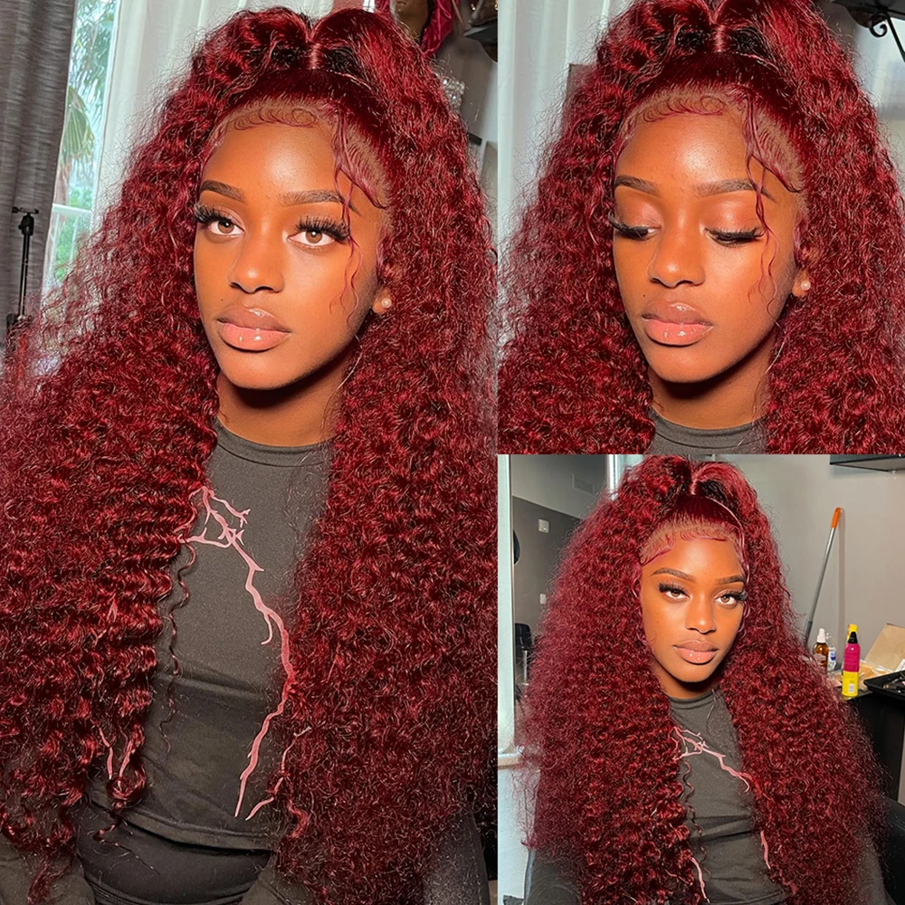 BL 16-30 Inch Deep Wave Lace Frontal Wigs 13x4 Red Curly Lace Front Wig 99J Burgundy Deep Curly Human Hair Wigs