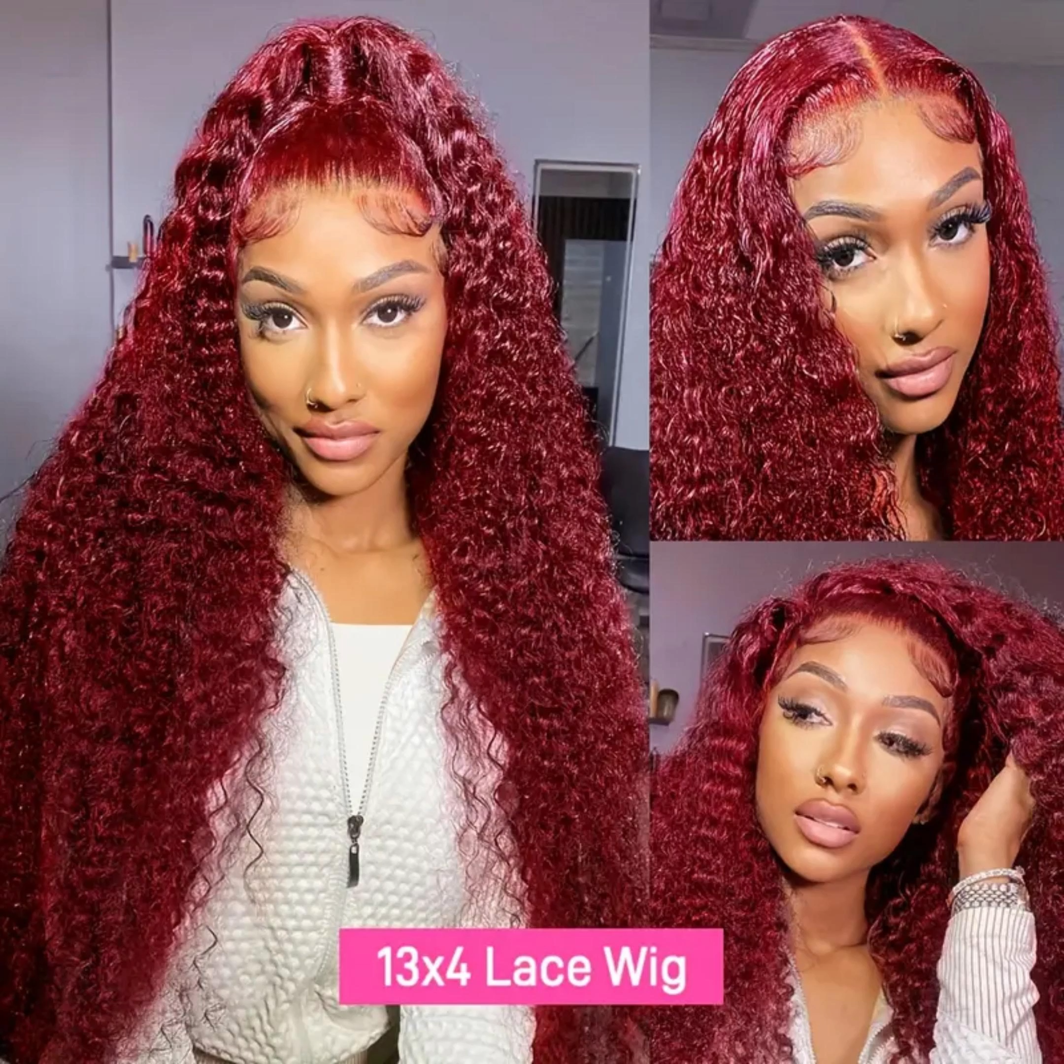 BL 250% Density Burgundy Curly 13x4 Lace Front Human Hair Wigs 99J Red Colored Deep Wave Lace Frontal Wig For Women Pre Plucked Transparent Lace Closure Wig Water Wave