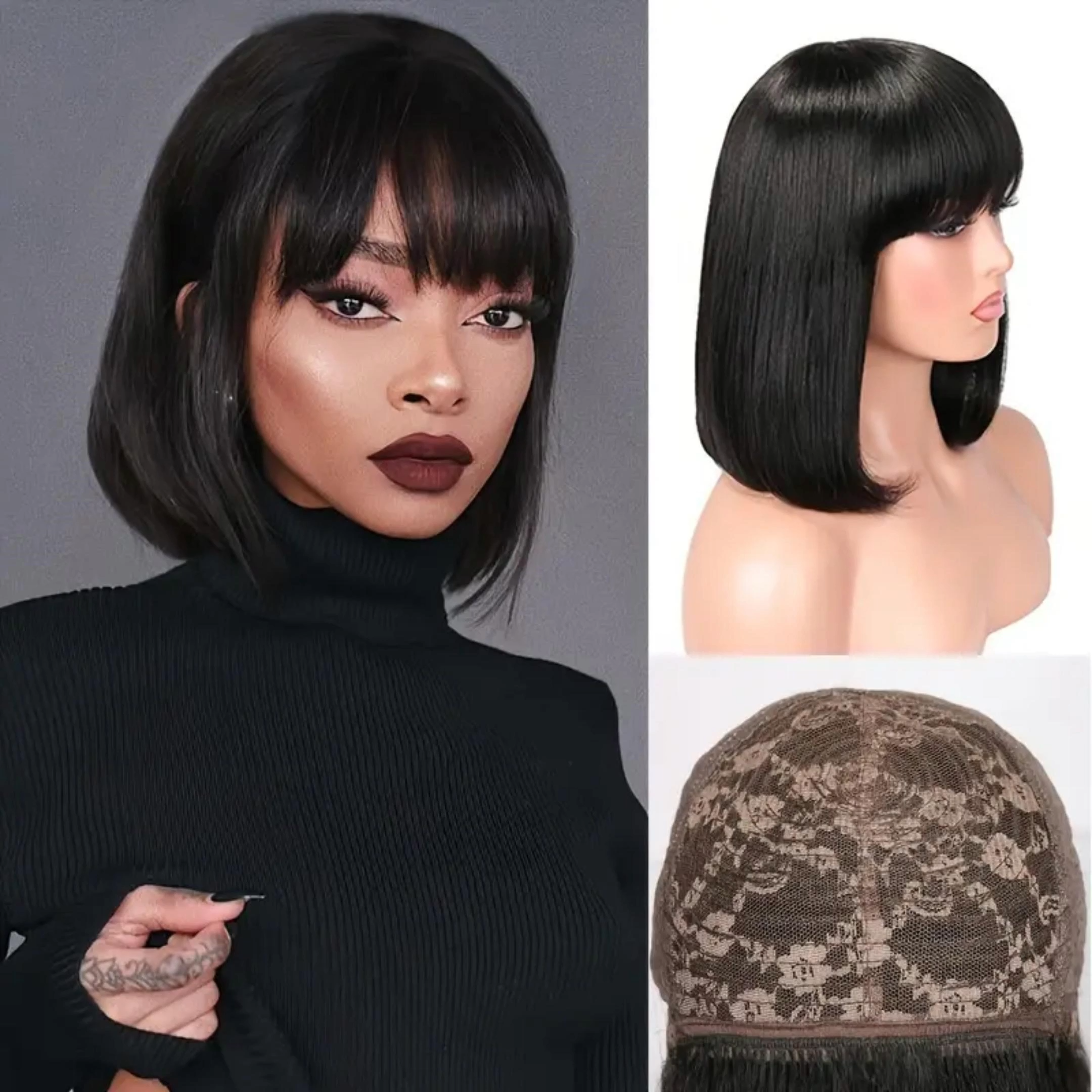 BL Straight Short Bob Wig With Bangs 100% Human Hair Full Machine Made Bob Wigs Glueless Straight Wigs For Women