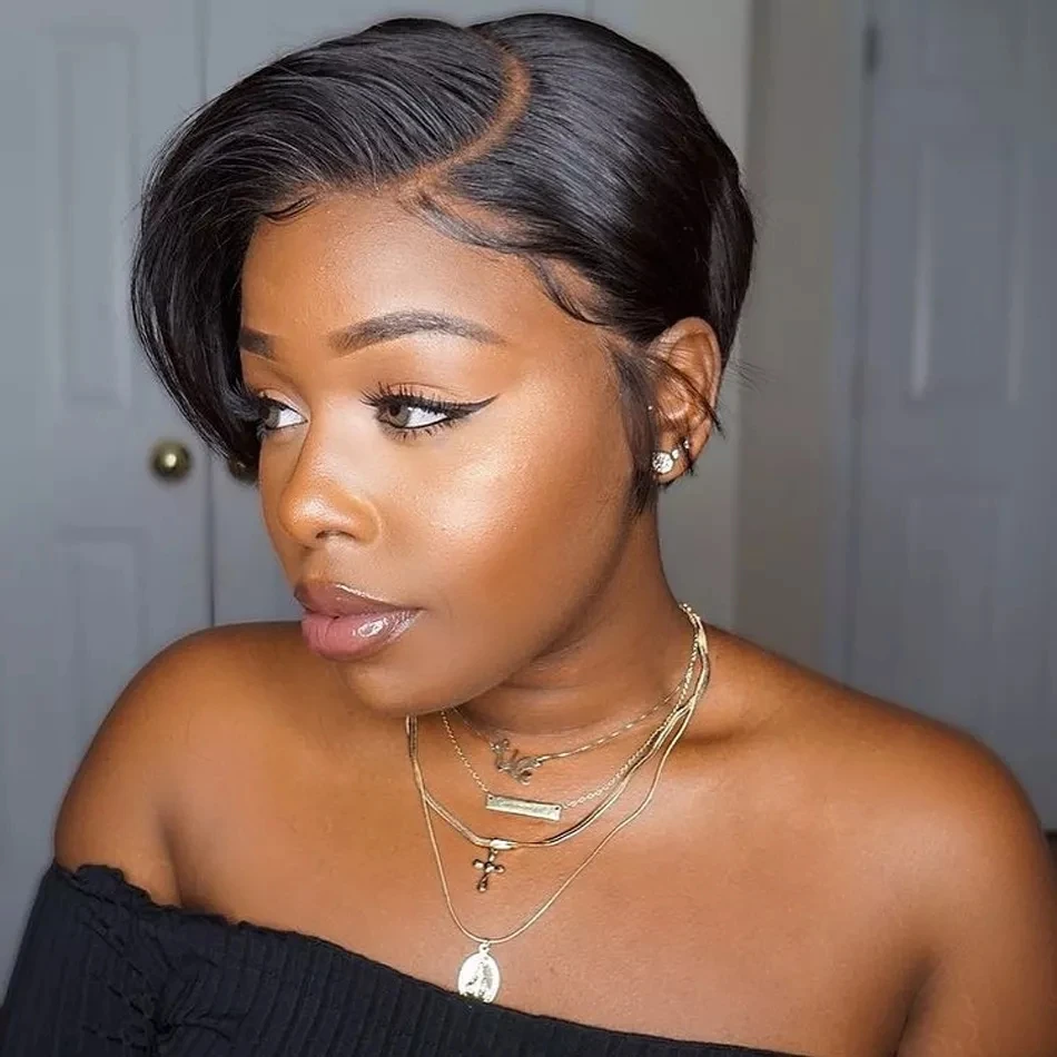 BL Side Part Pixie Cut Straight Wigs Short Bob Hair Wig 100% Human Hair Glueless 13x4 Lace Front Human Hair Wigs For BL ack Women