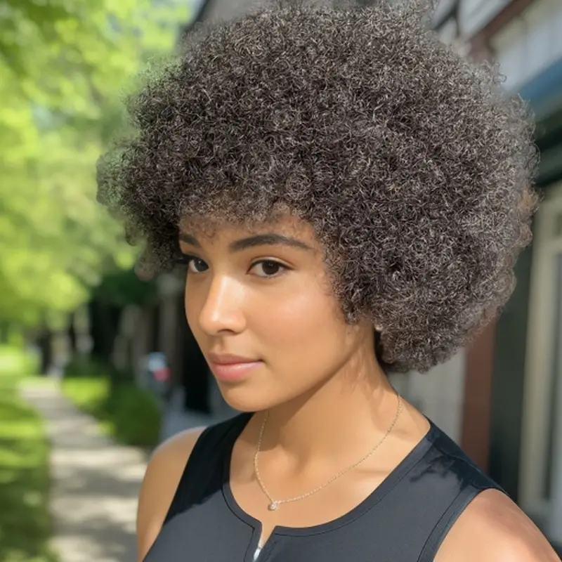 BL Afro Wig Human Hair for Women Afro Kinky Curly Hair Wigs With Bangs Realistic Looking Short Afro Curly Wig For Men Bouncy Black Afro Puff Wig For Daily Party Use