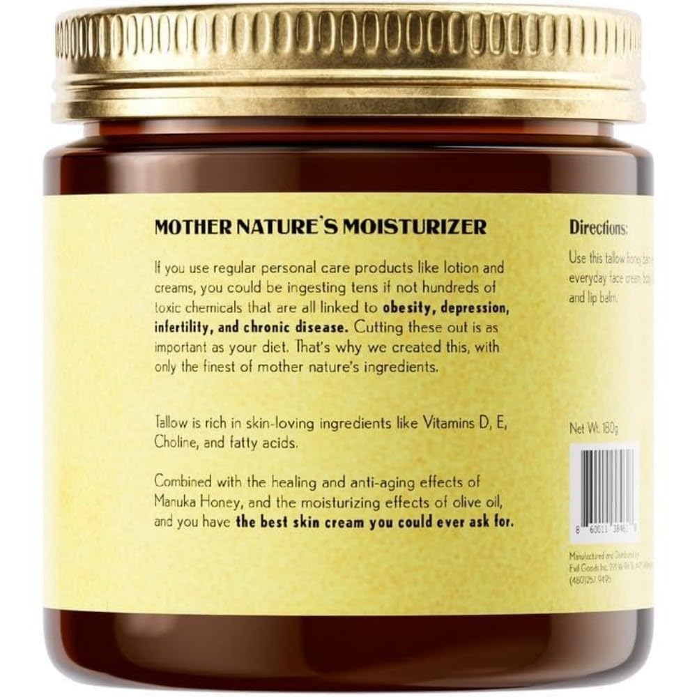 Whipped Beef Tallow and Manuka Honey Balm, 4oz, Organic Face Cream, Moisturizer, Body Lotion, Skin Care and Lip Balm
