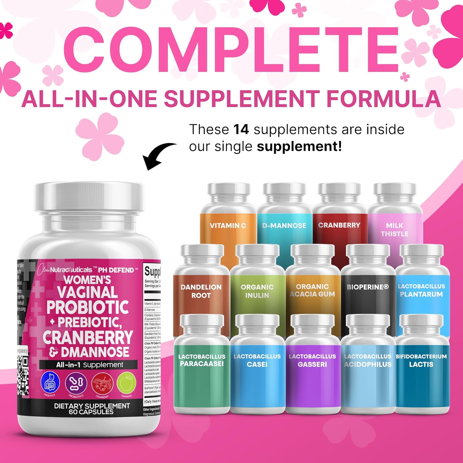 Clean Nutraceuticals Vaginal Probiotics for Women + Prebiotics 20 Billion Cranberry Pills w D-Mannose 500 mg for Urinary Tract Health pH Balance - for Vaginal Health Supplements Pills - 3Pack