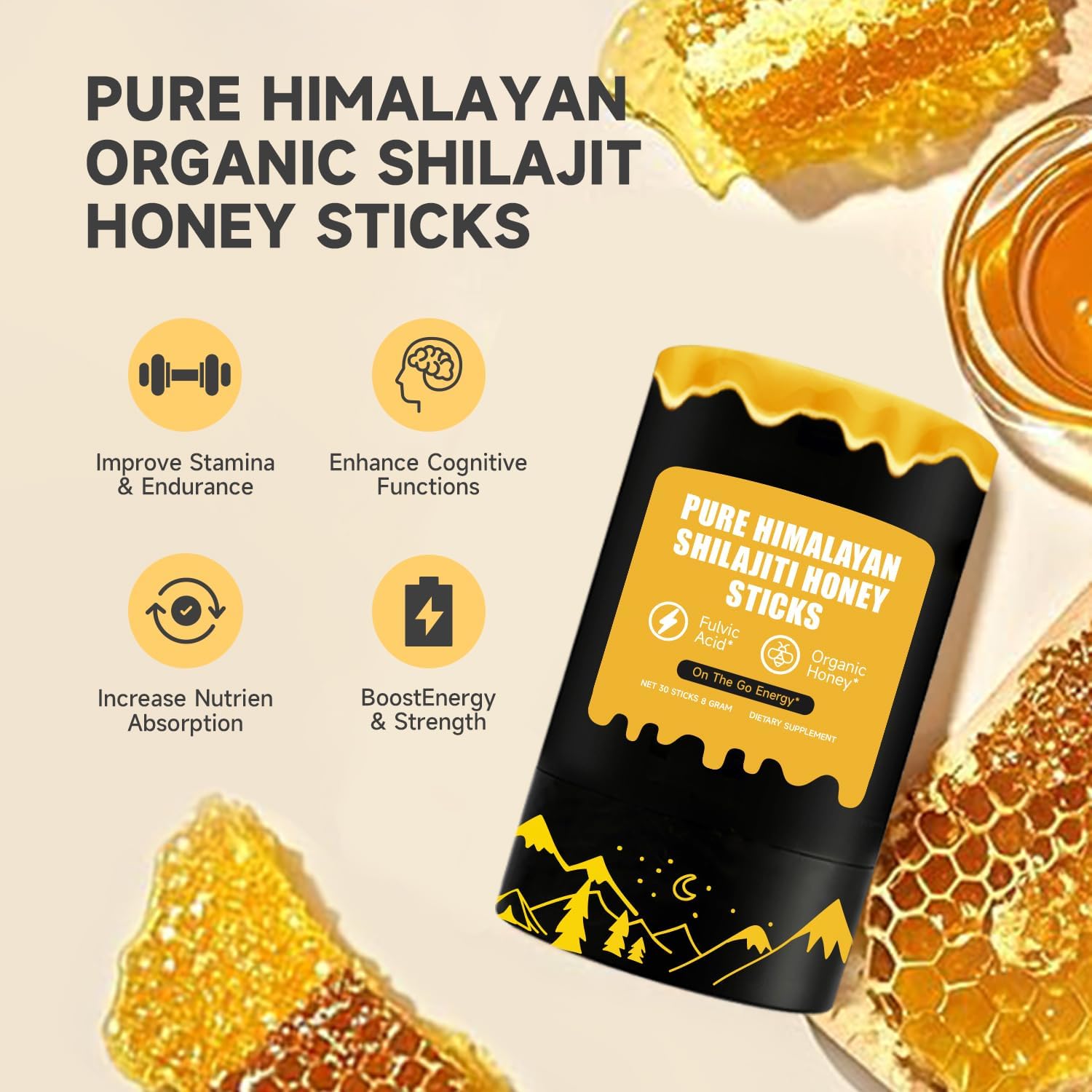 Taste of Honey Shilajit | Pure Himalayan Shilajit | Easy to Consume Shilajit | 30 Sticks for Energy Boost & Immune Support, 85+ Trace Minerals, 75%+ Fulvic Acid | Non-GMO | Lab Tested |