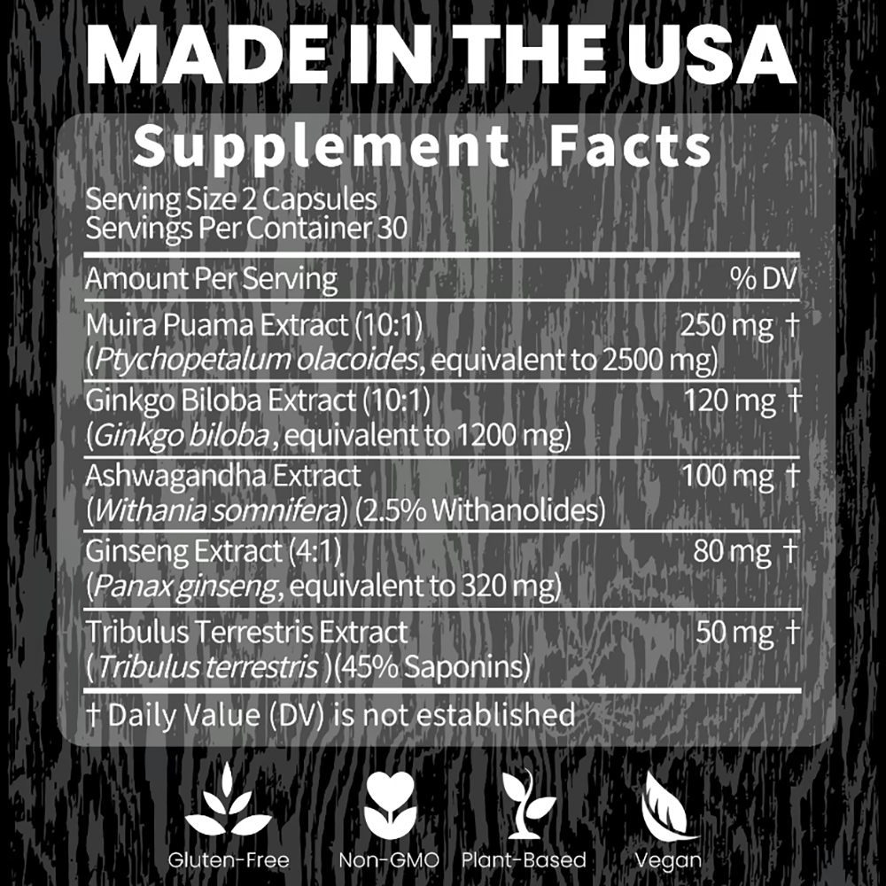 Ginseng Ashwagandha Gingko Tribulus, Herbal Supplements 60 Capsules, Adaptogen Energy Stamina Immune Antioxidants Gut Health, Made in The USA