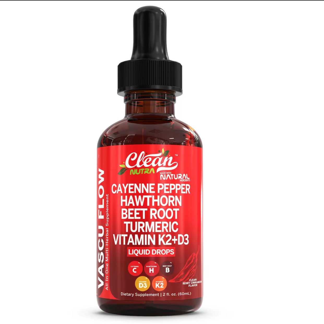 Clean Nutra Cayenne Pepper Drops Supplement Liquid + Hawthorn Berry, Vitamin D3 K2 Beet Root Powder, Ceylon Cinnamon, Turmeric Curcumin, Organic Panax Ginseng, Berberine Extract Organic