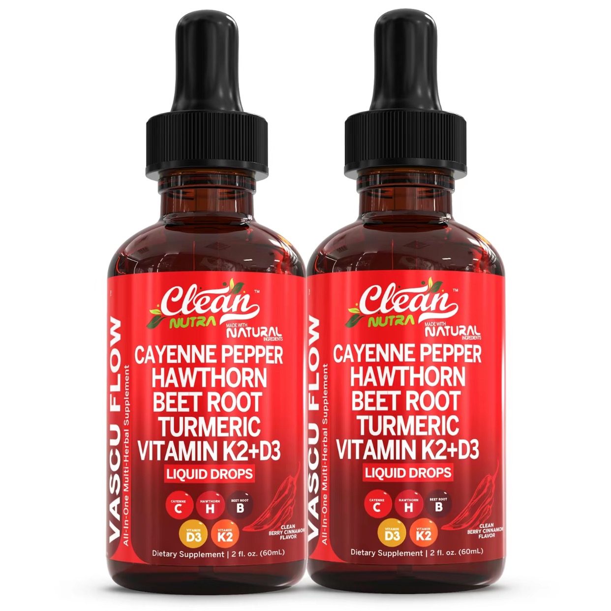 Clean Nutra Cayenne Pepper Drops Supplement Liquid + Hawthorn Berry, Vitamin D3 K2 Beet Root Powder, Ceylon Cinnamon, Turmeric Curcumin, Organic Panax Ginseng, Berberine Extract Organic