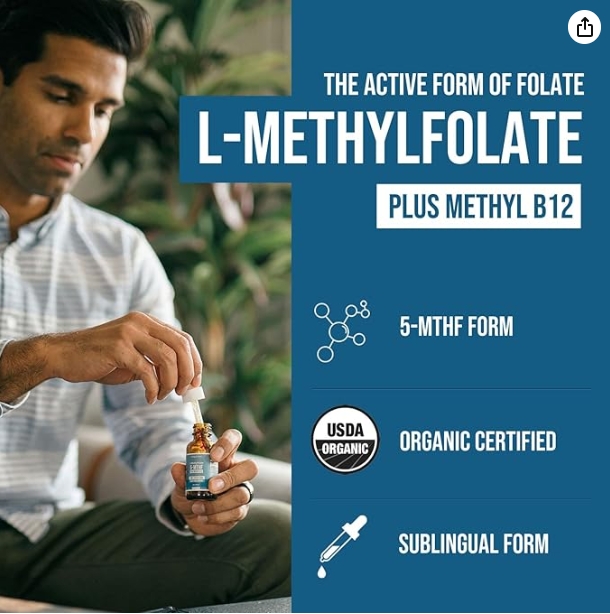 L Methyl Folate 15mg Plus Methyl B12 Cofactor – Organic Berry Flavor, High Potency Liquid Sublingual Active 5-MTHF Form - Supports Mood, Methylation, Cognition – Bioactive Forms Vitamin B9 & B12 (1oz)