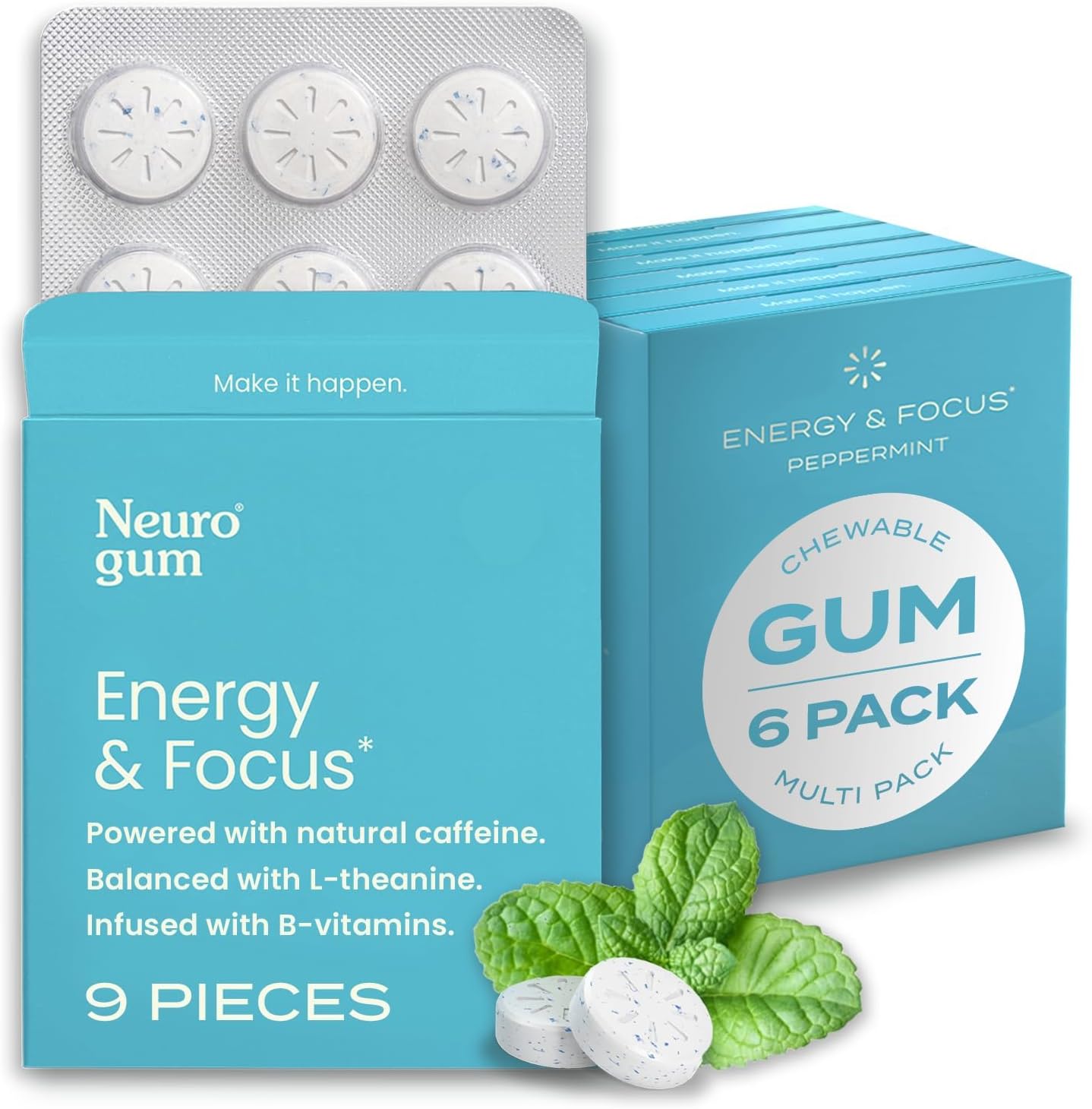 NeuroGum Energy Caffeine Gum (54 Pieces) - Sugar Free with L-theanine + Caffeine + Vitamin B12 & B6 - Nootropic Energy & Focus Supplement for Women & Men - Peppermint Flavor (Packaging May Vary)