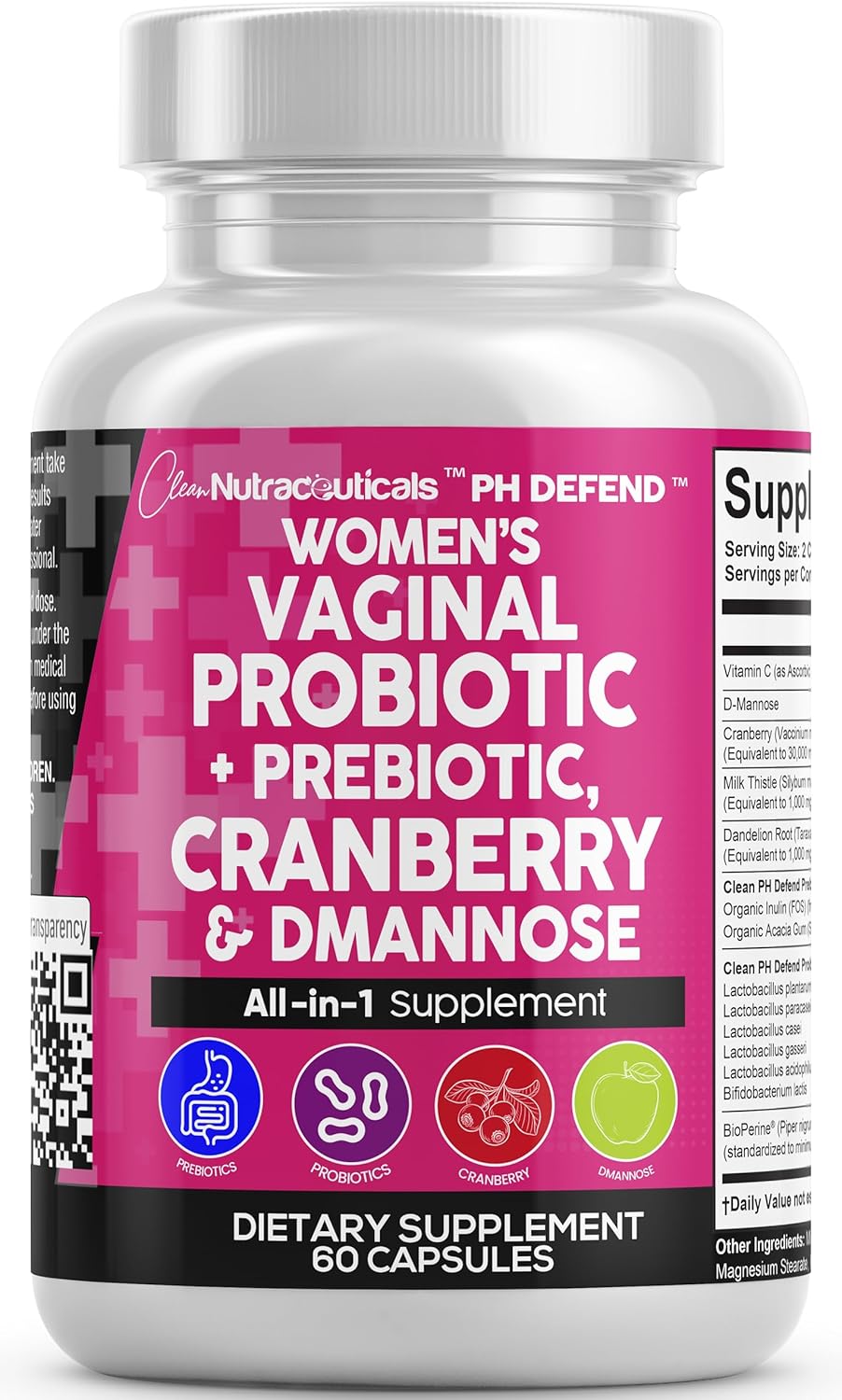 Clean Nutraceuticals Vaginal Probiotics for Women + Prebiotics 20 Billion Cranberry Pills w D-Mannose 500 mg for Urinary Tract Health pH Balance - for Vaginal Health Supplements Pills - 3Pack