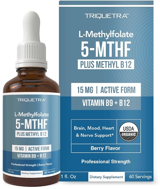 L Methyl Folate 15mg Plus Methyl B12 Cofactor – Organic Berry Flavor, High Potency Liquid Sublingual Active 5-MTHF Form - Supports Mood, Methylation, Cognition – Bioactive Forms Vitamin B9 & B12 (1oz)