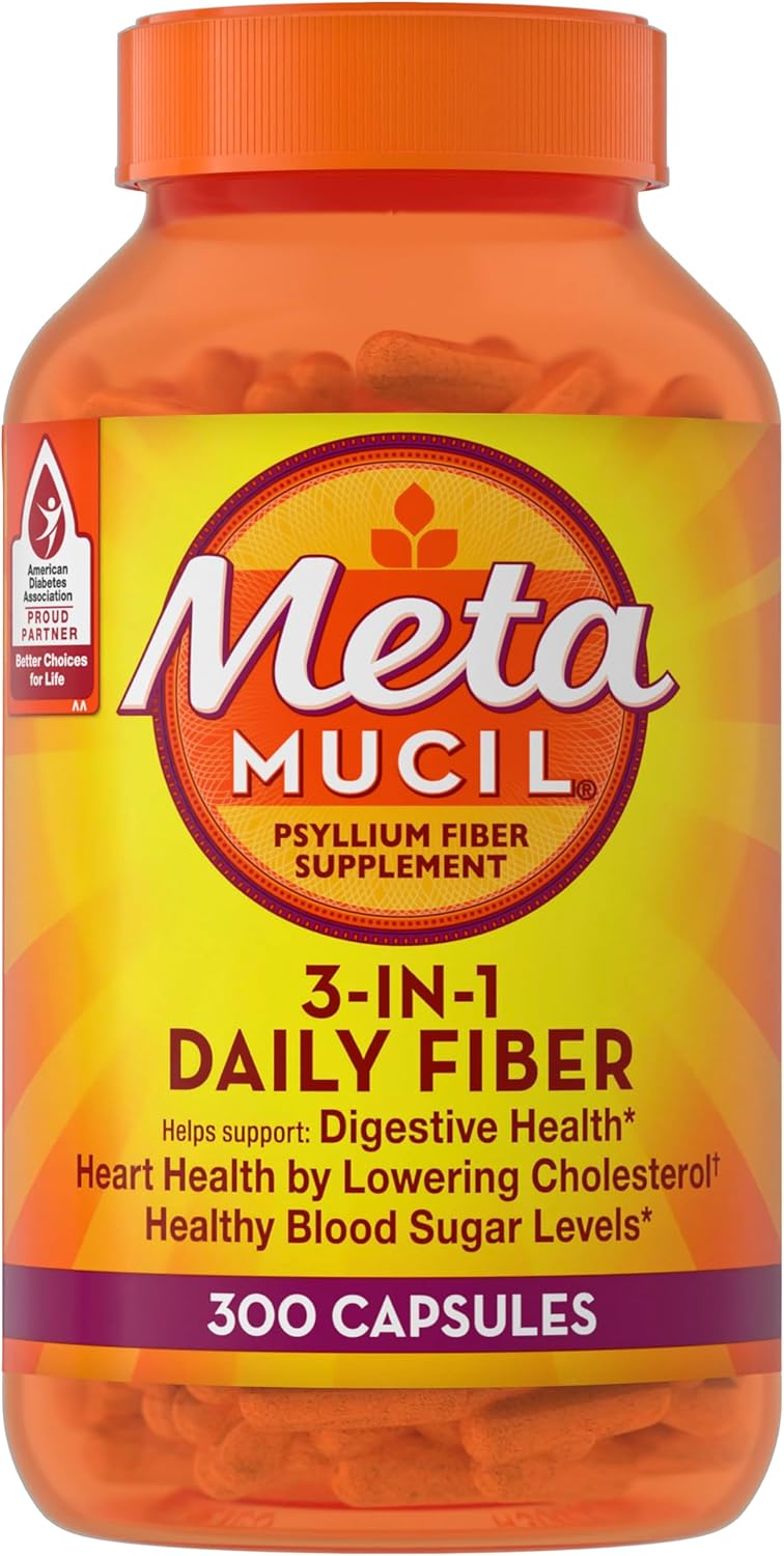 Metamucil, Daily Psyllium Husk Powder Supplement, 3-in-1 Fiber for Digestive Health, Plant Based Fiber, 300ct Capsules