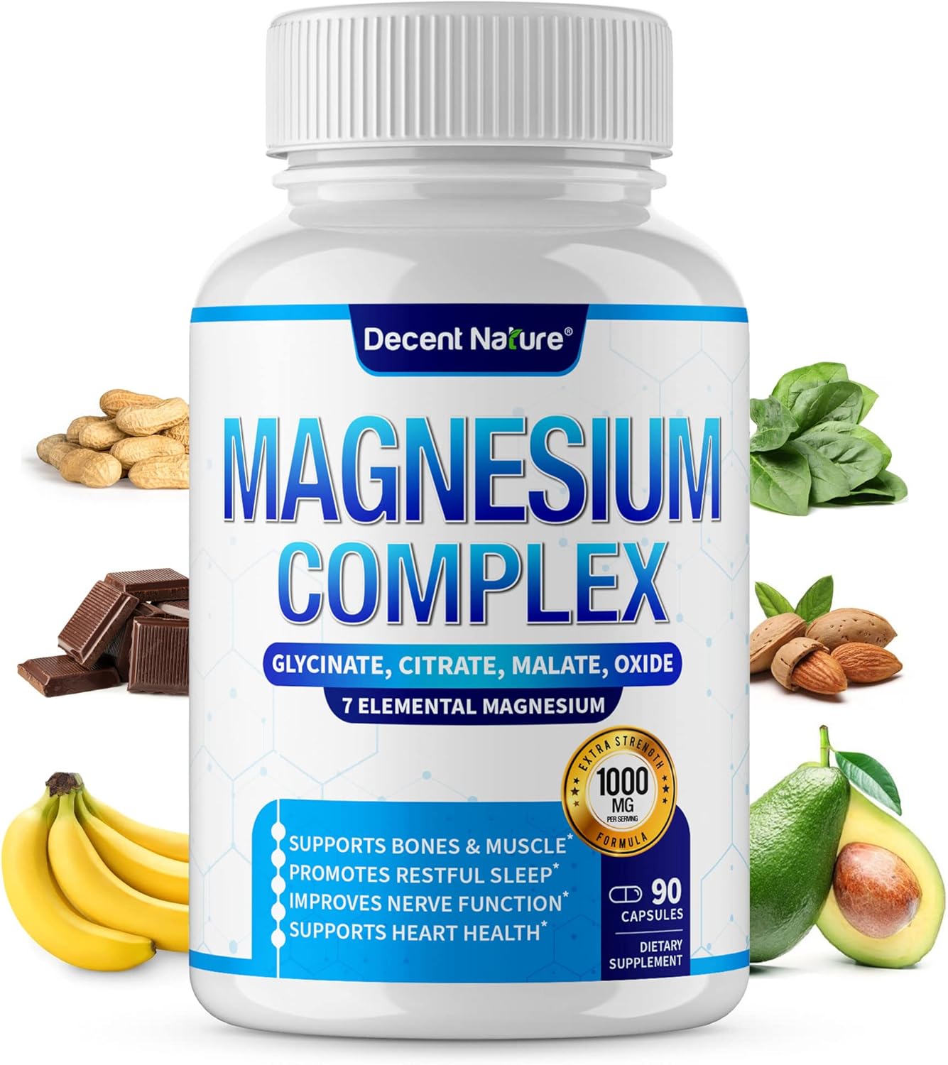 Magnesium Complex 7 Elemental Magnesium Supplement 1000mg – Magnesium Glycinate, Citrate, Malate, Taurate, Oxide, Aspartate, Orotate Non-GMO 90 Capsules